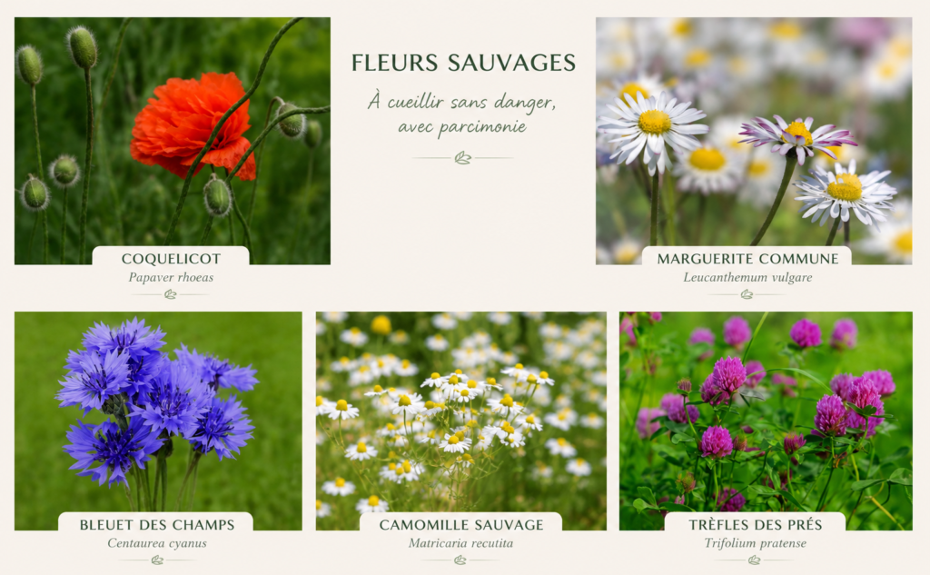Montage de fleurs sauvages à cueillir avec parcimonie : coquelicot, marguerite commune, bleuet des champs, camomille sauvage et trèfles des prés.
