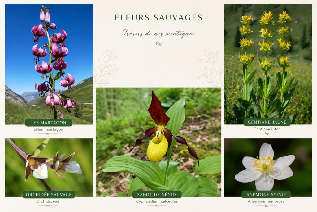 Collage de fleurs sauvages de montagne avec lys martagon, gentiane jaune, sabot de Vénus, anémone sylvie et orchidée.