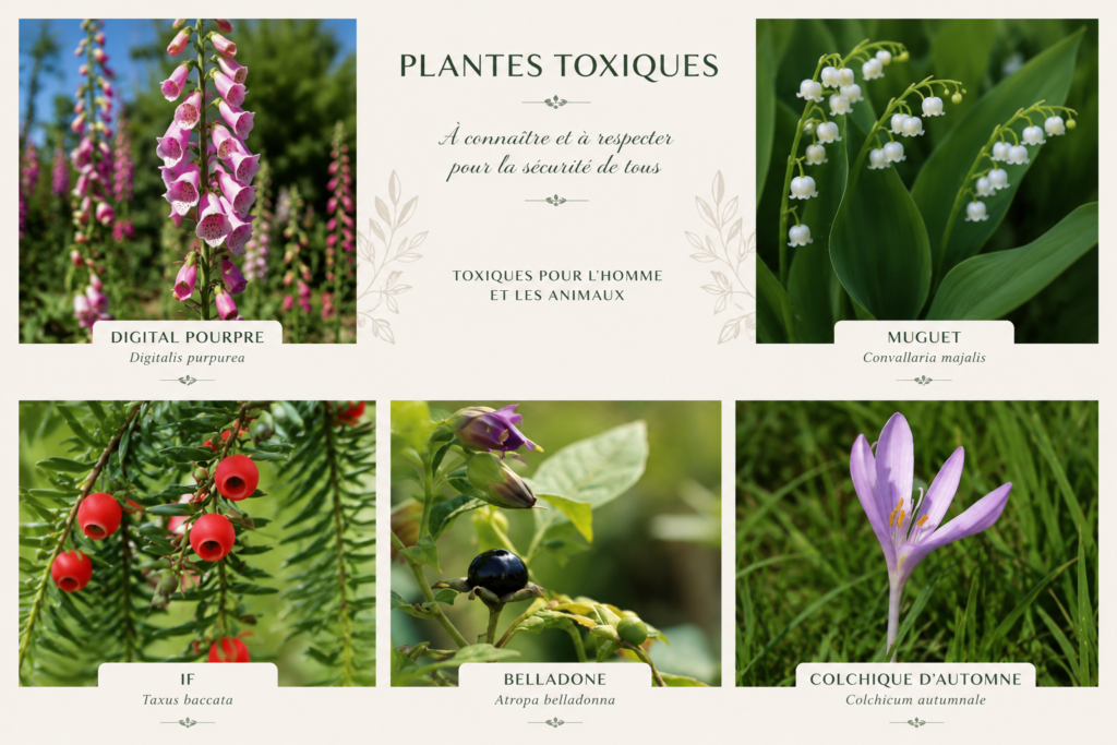 Montage de plantes toxiques : digitale pourpre, muguet, if, belladone et colchique d’automne, dangereuses pour les humains et les animaux.